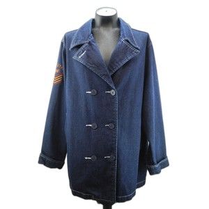 Route 66 Blue Denim Peacoat Double Breasted Jacket Nautical Buttons-Womens XL